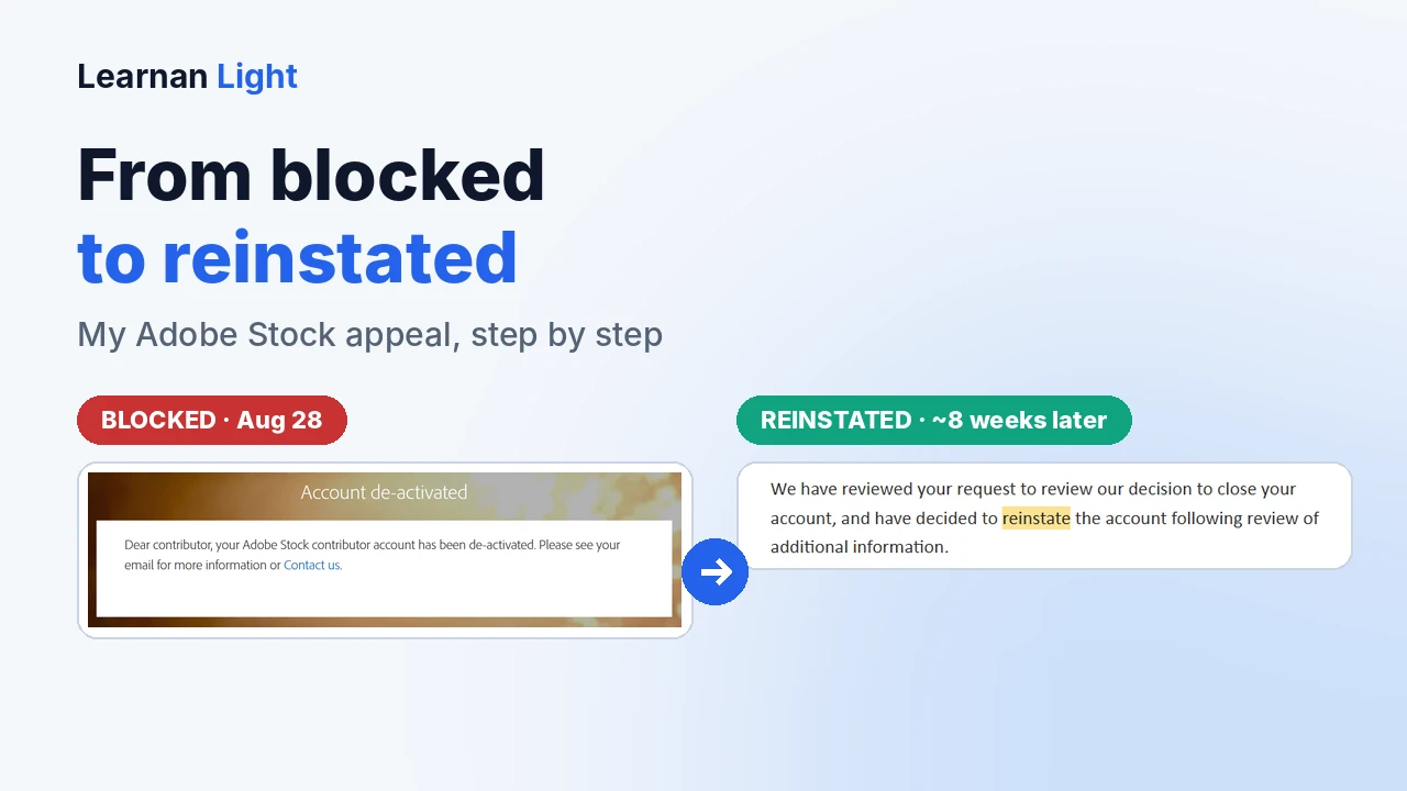 Adobe Stock contributor account blocked: how I appealed step by step - Learnan Light guide