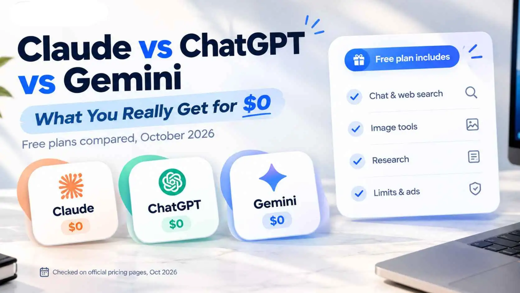 Free plans compared: Claude vs ChatGPT vs Gemini, what you really get for $0 - Learnan Light guide