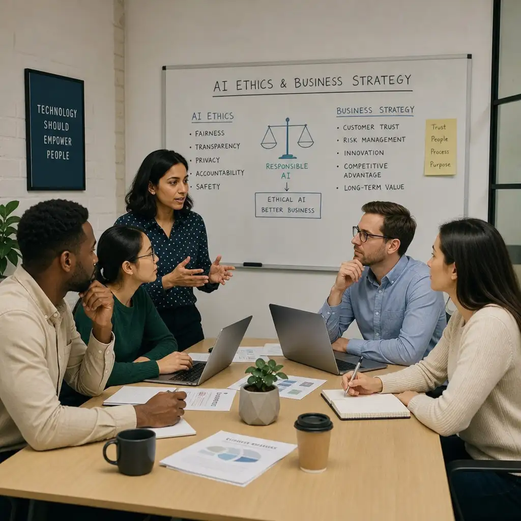Diverse team discussing AI ethics and business strategy