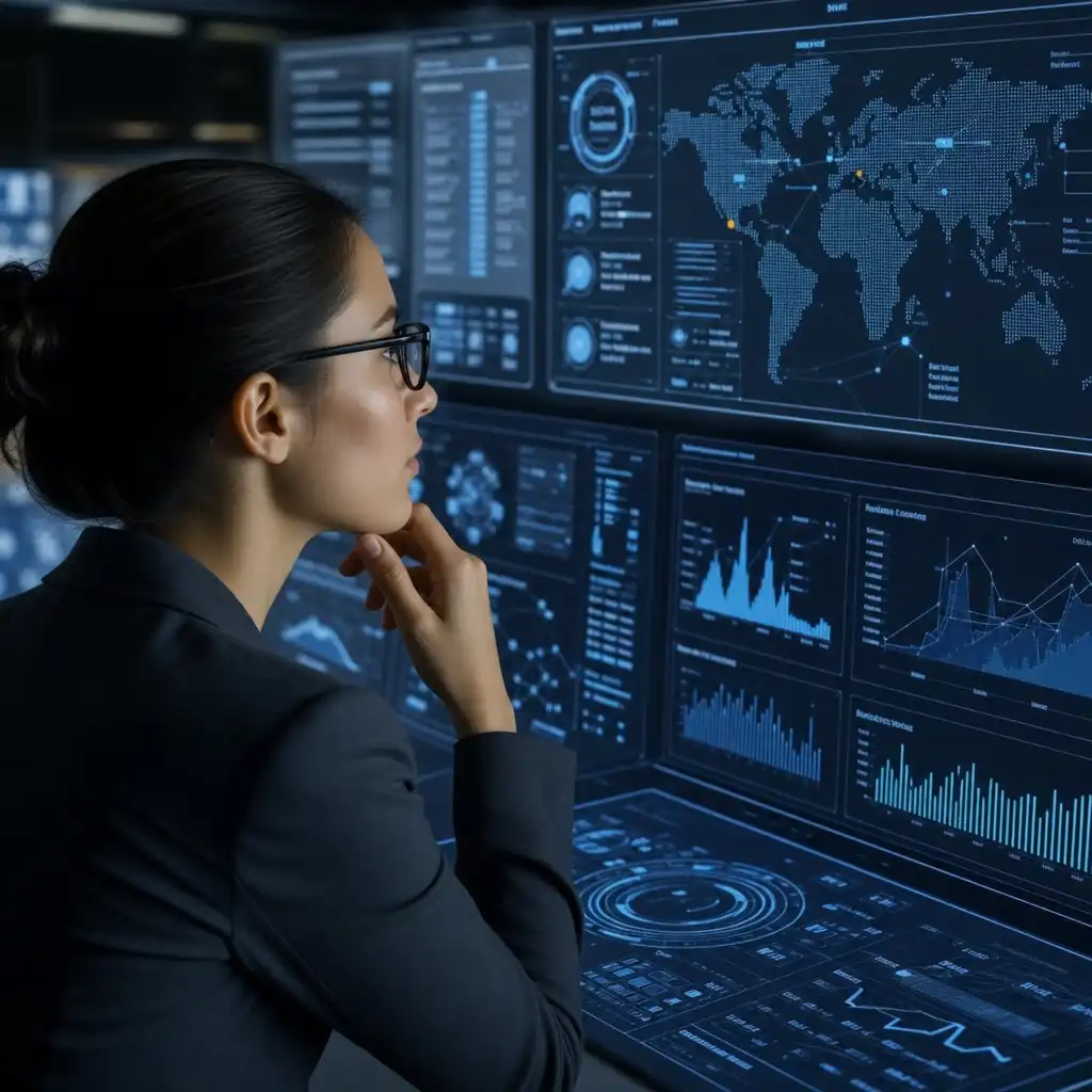 Professional analyzing futuristic AI data screens