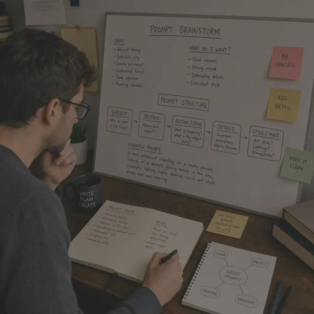 A writer brainstorming and structuring prompts