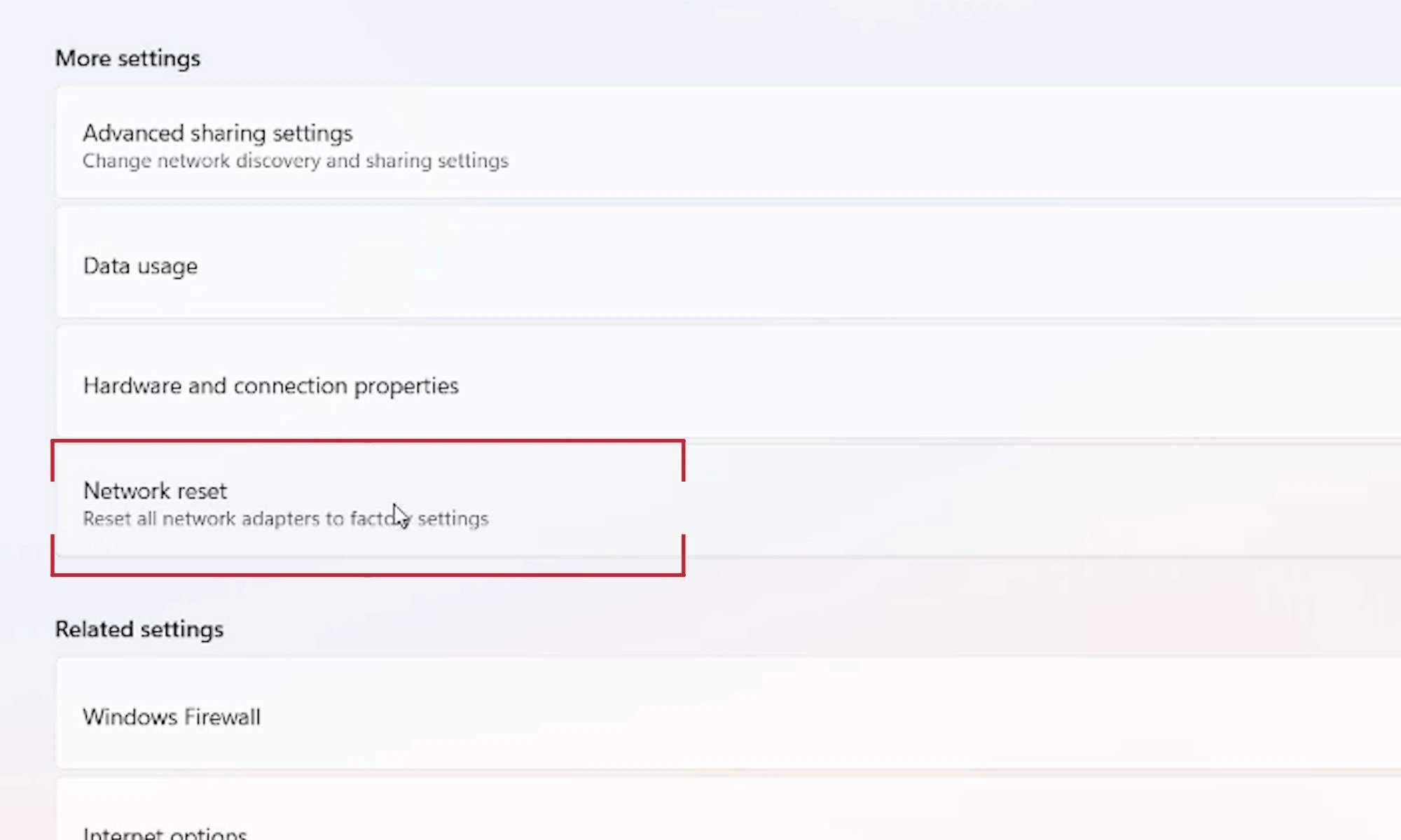 Network Reset option