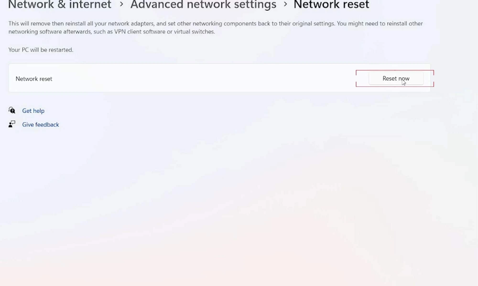 Reset Now confirmation