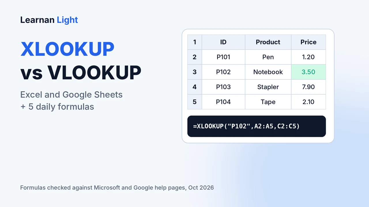 XLOOKUP vs VLOOKUP in Excel and Google Sheets with 5 daily formulas - Learnan Light tutorial